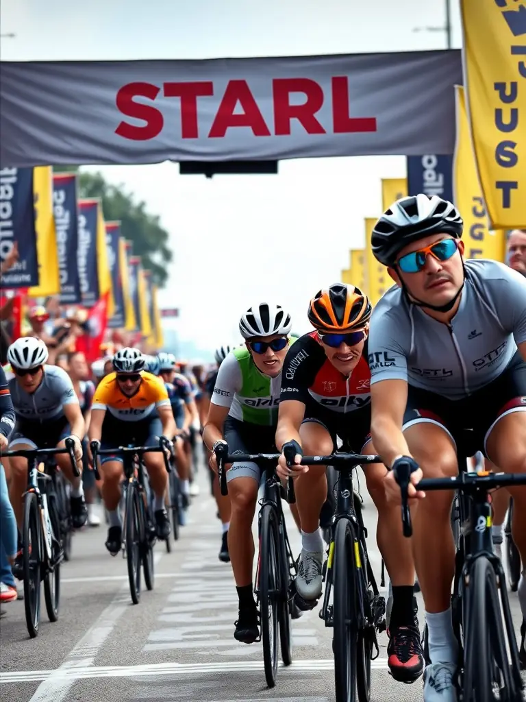 A photograph capturing the excitement of a cycling race, with professional and amateur cyclists competing side-by-side.