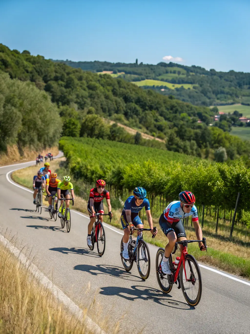 A diverse group of cyclists participating in a recreational cycling tour through the scenic landscapes surrounding Saint-Amand-Montrond.