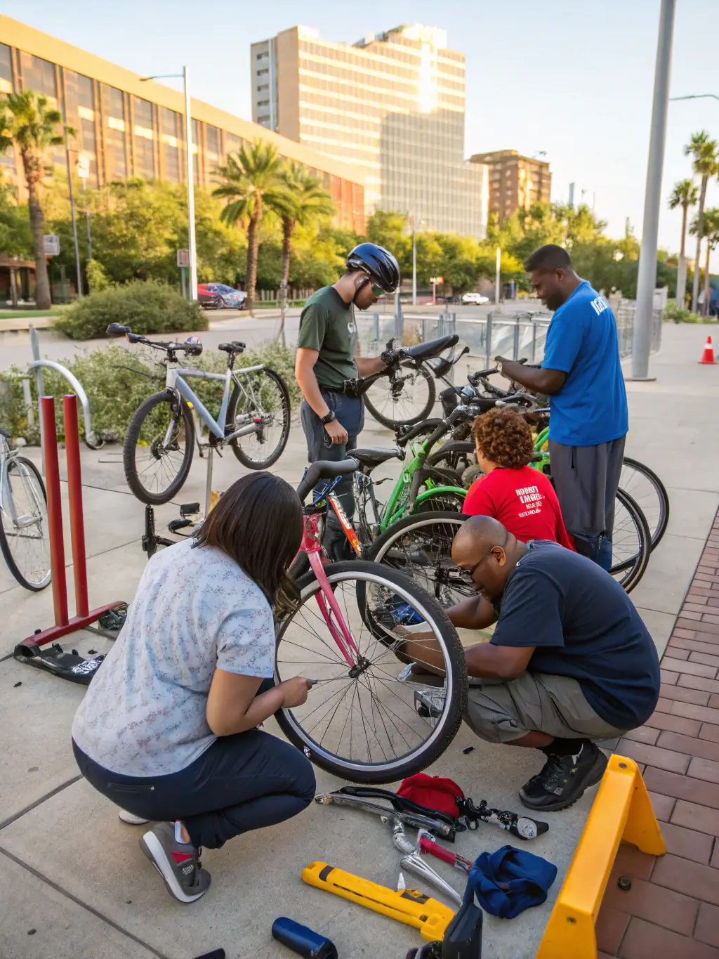 A photo of volunteers assisting at a cycling event, showcasing the spirit of community involvement and support for CRITERIUMS EXPERIENCE.