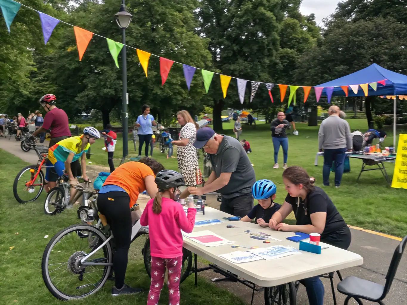 A photo of participants in a community cycling workshop, learning essential skills and safety tips from experienced instructors.