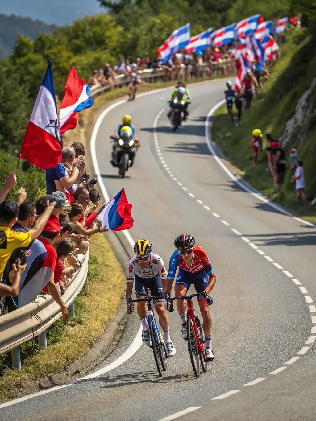 A vibrant photograph capturing the excitement of a criterium race in Saint-Amand-Montrond, with cyclists speeding past cheering spectators.