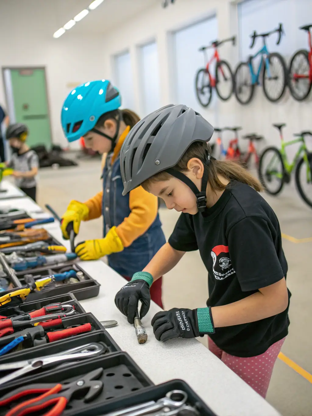 A picture of young cyclists participating in a workshop, emphasizing the organization's commitment to promoting cycling among youth.