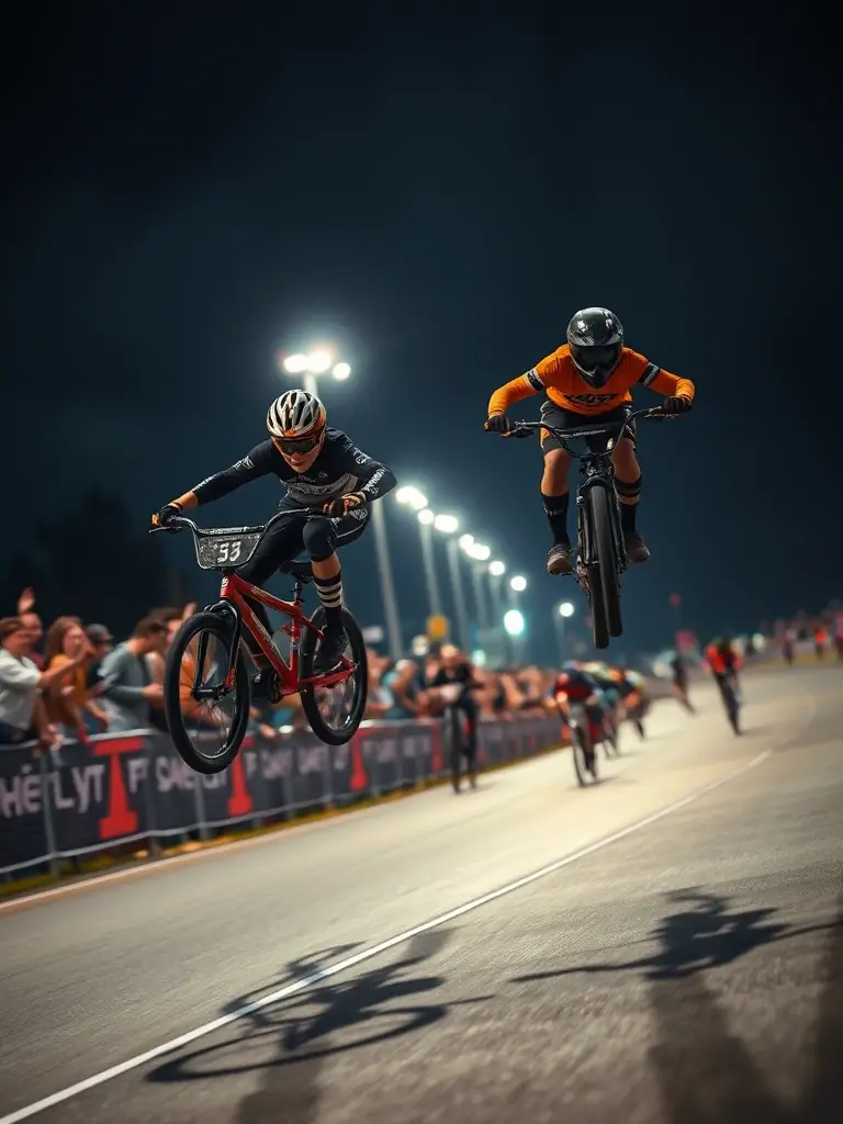 A vibrant photograph capturing the excitement of a criterium race in Saint-Amand-Montrond, showcasing cyclists speeding through the course with enthusiastic spectators cheering them on.